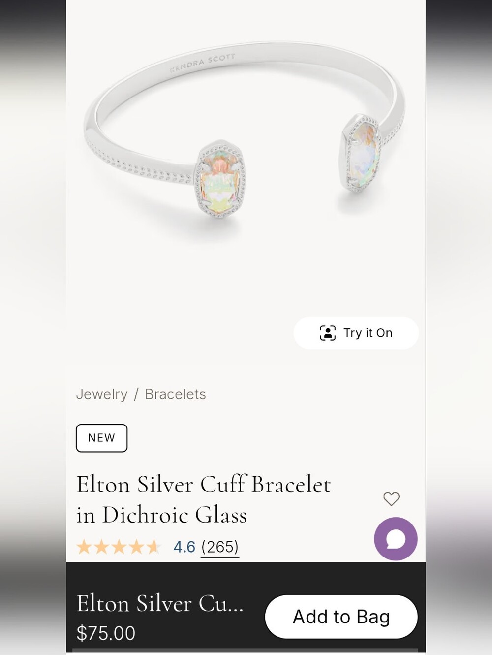 Kendra Scott Elton Silver Cuff Bracelet Iridescent Dichroic Glass Prism Stones